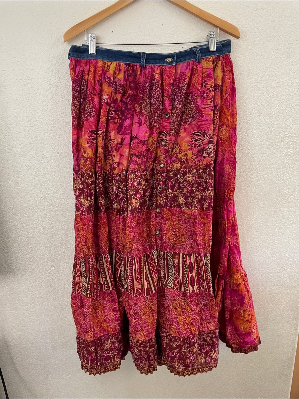 Set of 2 Boho Tiered wooden Button-Front Maxi Skirt 100% cotton 32x45 Sz 14